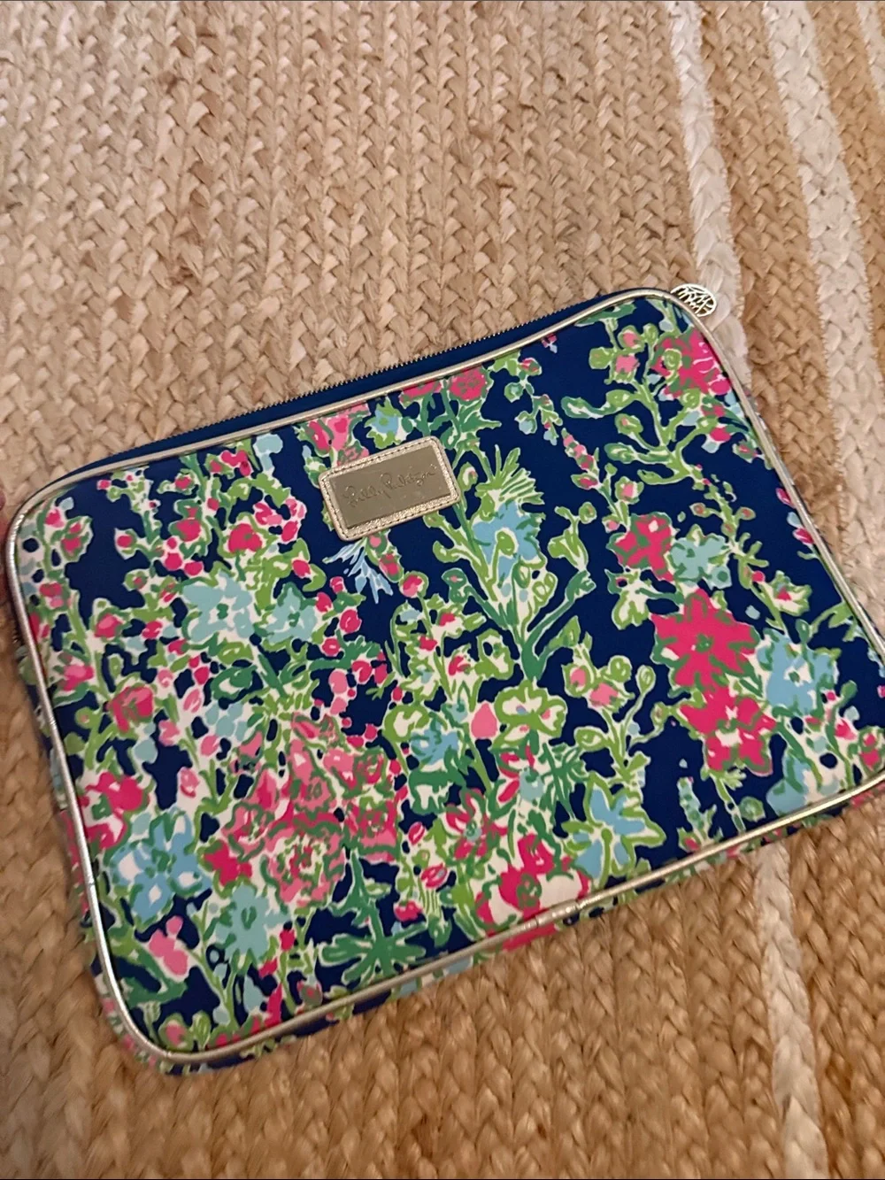 Lilly Pulitzer Navy Floral Tablet Sleeve with Pink & Green Accents